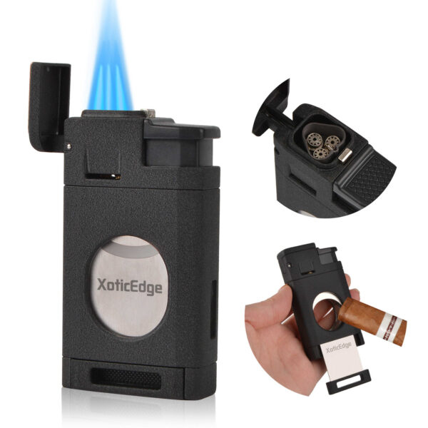 Aurora Triple Torch Cigar Lighter with Built in Guillotine Cutter Combo High-Line Triple Torch Lighter w/ Recessed Dual Guillotine Cutter in Gift Box