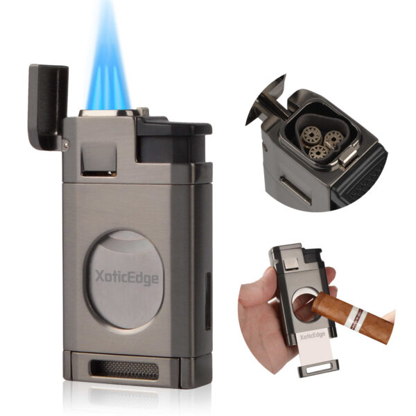 Aurora Triple Torch Cigar Lighter with Built in Guillotine Cutter Combo High-Line Triple Torch Lighter w/ Recessed Dual Guillotine Cutter in Gift Box