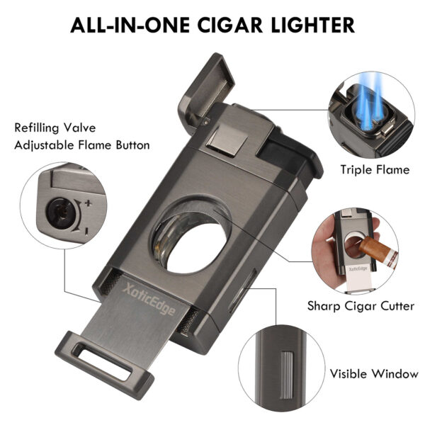 Aurora Triple Torch Cigar Lighter with Built in Guillotine Cutter Combo High-Line Triple Torch Lighter w/ Recessed Dual Guillotine Cutter in Gift Box