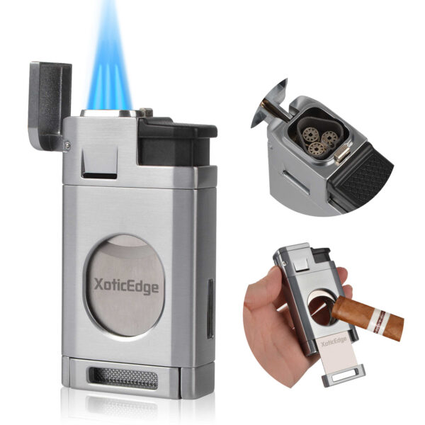 Aurora Triple Torch Cigar Lighter with Built in Guillotine Cutter Combo High-Line Triple Torch Lighter w/ Recessed Dual Guillotine Cutter in Gift Box