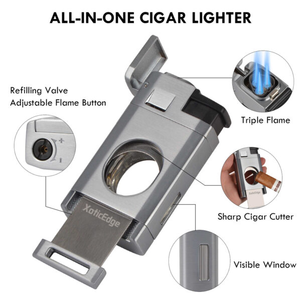 Aurora Triple Torch Cigar Lighter with Built in Guillotine Cutter Combo High-Line Triple Torch Lighter w/ Recessed Dual Guillotine Cutter in Gift Box