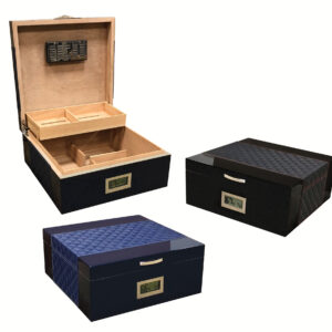 200 Cigar Royal Blue Humidor Featuring Diamond Pattern Bonded Leather Top & Sides w/ Silver Accent Stitching