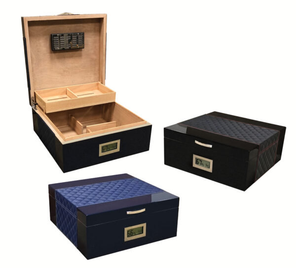 200 Cigar Royal Blue Humidor Featuring Diamond Pattern Bonded Leather Top & Sides w/ Silver Accent Stitching