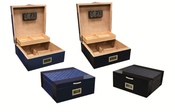 200 Cigar Royal Blue Humidor Featuring Diamond Pattern Bonded Leather Top & Sides w/ Silver Accent Stitching