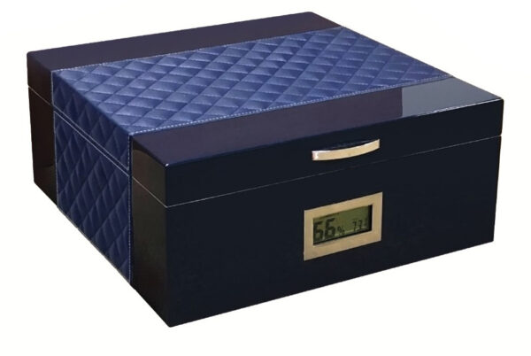 200 Cigar Royal Blue Humidor Featuring Diamond Pattern Bonded Leather Top & Sides w/ Silver Accent Stitching