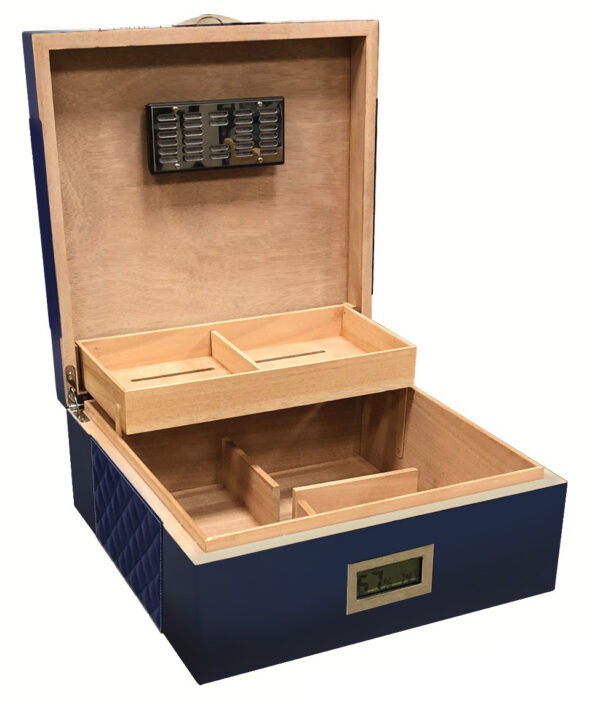 200 Cigar Royal Blue Humidor Featuring Diamond Pattern Bonded Leather Top & Sides w/ Silver Accent Stitching