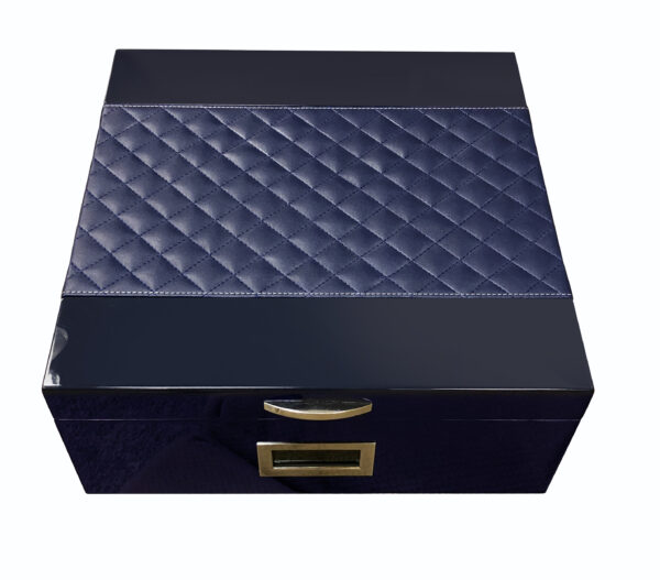 200 Cigar Royal Blue Humidor Featuring Diamond Pattern Bonded Leather Top & Sides w/ Silver Accent Stitching