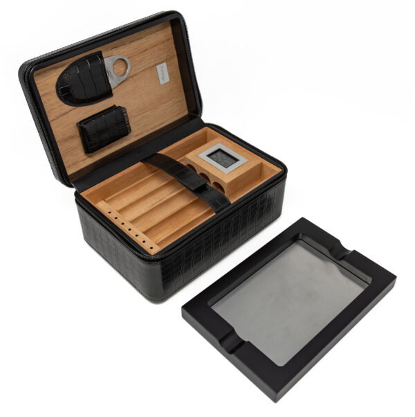 The ManhattanXL Gift Set Cigar Case w Accesories 10-20 Ct. Travel Humidor w/ Digital Hygrometer, Ashtray, Cutter, Lighter, Humidifier & Zippered Case