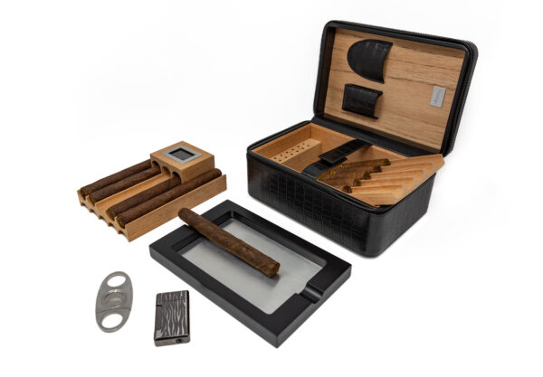 The ManhattanXL Gift Set Cigar Case w Accesories 10-20 Ct. Travel Humidor w/ Digital Hygrometer, Ashtray, Cutter, Lighter, Humidifier & Zippered Case