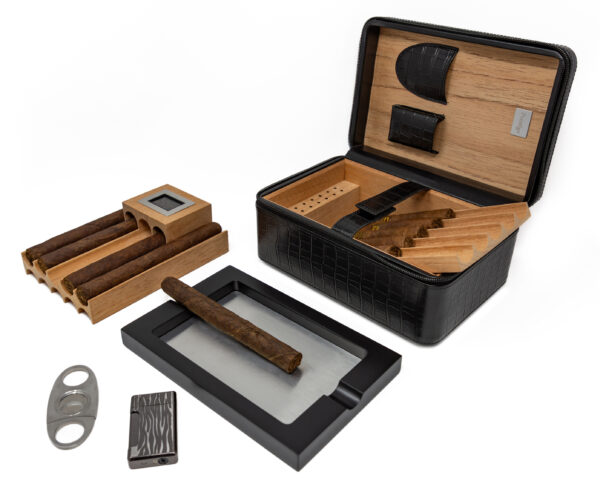 The ManhattanXL Gift Set Cigar Case w Accesories 10-20 Ct. Travel Humidor w/ Digital Hygrometer, Ashtray, Cutter, Lighter, Humidifier & Zippered Case