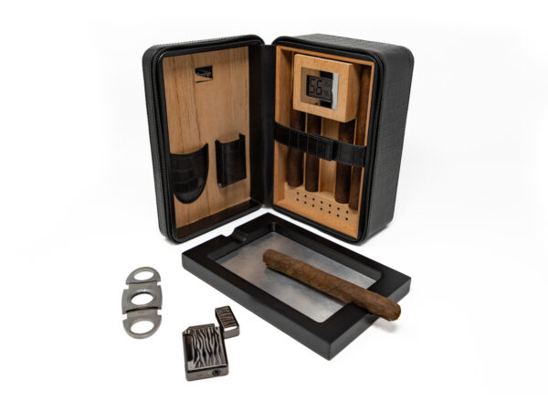 The ManhattanXL Gift Set Cigar Case w Accesories 10-20 Ct. Travel Humidor w/ Digital Hygrometer, Ashtray, Cutter, Lighter, Humidifier & Zippered Case