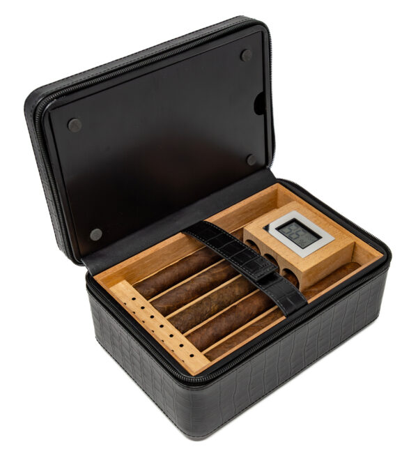 The ManhattanXL Gift Set Cigar Case w Accesories 10-20 Ct. Travel Humidor w/ Digital Hygrometer, Ashtray, Cutter, Lighter, Humidifier & Zippered Case