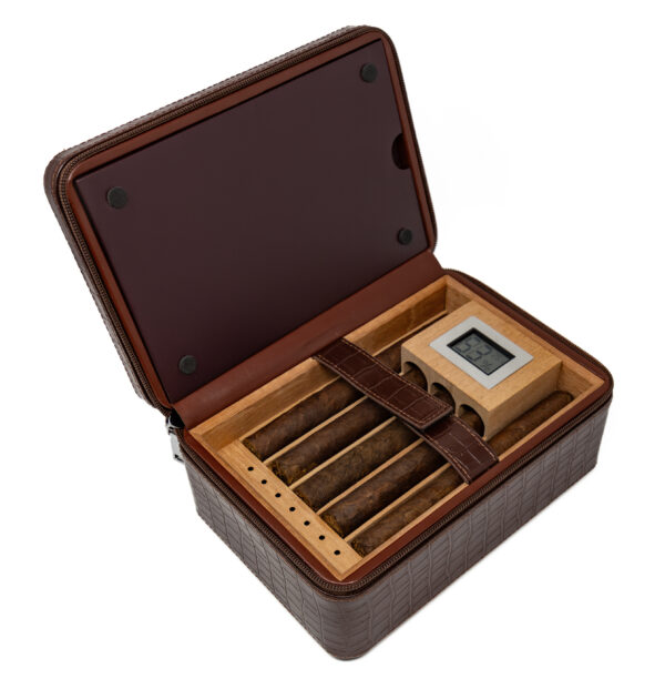 The ManhattanXL Gift Set Cigar Case w Accesories 10-20 Ct. Travel Humidor w/ Digital Hygrometer, Ashtray, Cutter, Lighter, Humidifier & Zippered Case