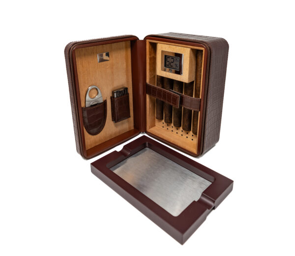 The ManhattanXL Gift Set Cigar Case w Accesories 10-20 Ct. Travel Humidor w/ Digital Hygrometer, Ashtray, Cutter, Lighter, Humidifier & Zippered Case