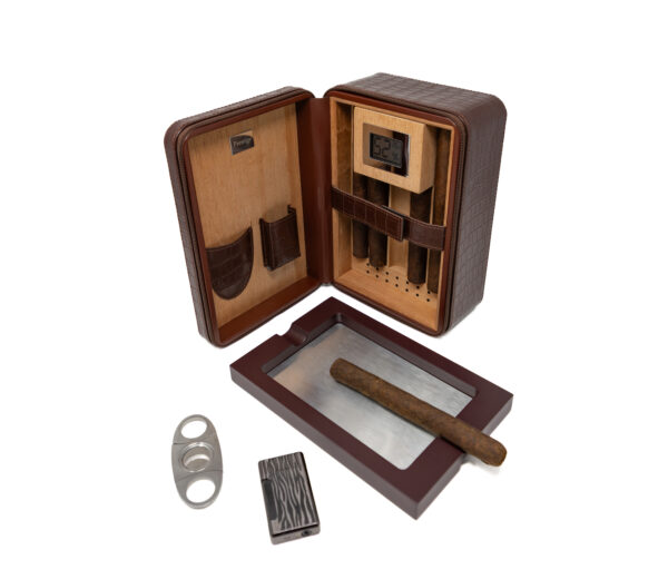 The ManhattanXL Gift Set Cigar Case w Accesories 10-20 Ct. Travel Humidor w/ Digital Hygrometer, Ashtray, Cutter, Lighter, Humidifier & Zippered Case