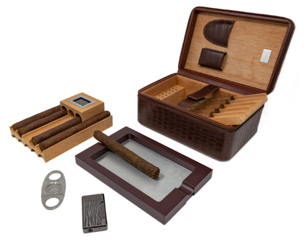 The ManhattanXL Gift Set Cigar Case w Accesories 10-20 Ct. Travel Humidor w/ Digital Hygrometer, Ashtray, Cutter, Lighter, Humidifier & Zippered Case