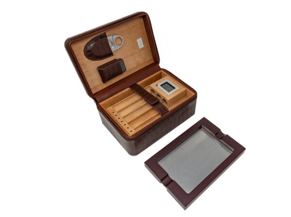 The ManhattanXL Gift Set Cigar Case w Accesories 10-20 Ct. Travel Humidor w/ Digital Hygrometer, Ashtray, Cutter, Lighter, Humidifier & Zippered Case