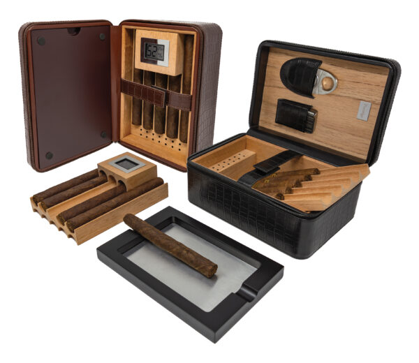 The ManhattanXL Gift Set Cigar Case w Accesories 10-20 Ct. Travel Humidor w/ Digital Hygrometer, Ashtray, Cutter, Lighter, Humidifier & Zippered Case