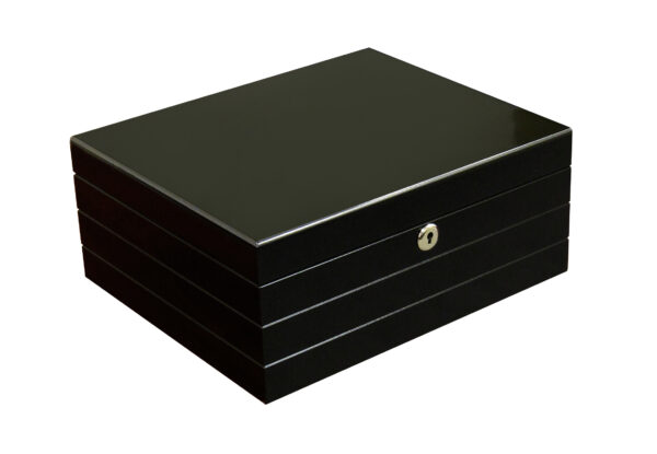 Onyx 50 Count High Gloss Black Cigar Humidor with polished metal details