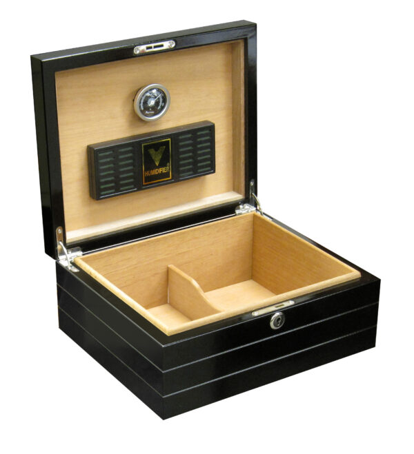 Onyx 50 Count High Gloss Black Cigar Humidor with polished metal details