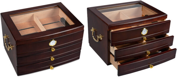 The Regent 75 Ct. Dark Mahogany Glass Top Humidor w/ 3 Drawers