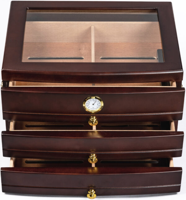 The Regent 75 Ct. Dark Mahogany Glass Top Humidor w/ 3 Drawers