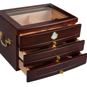 The Regent 75 Ct. Dark Mahogany Glass Top Humidor w/ 3 Drawers