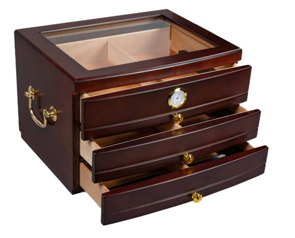 The Regent 75 Ct. Dark Mahogany Glass Top Humidor w/ 3 Drawers