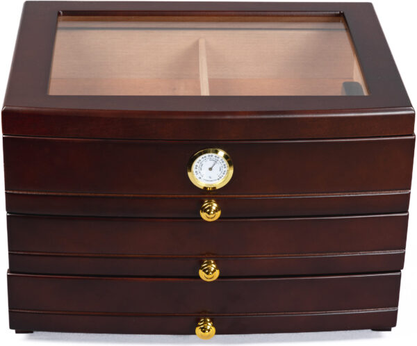 The Regent 75 Ct. Dark Mahogany Glass Top Humidor w/ 3 Drawers