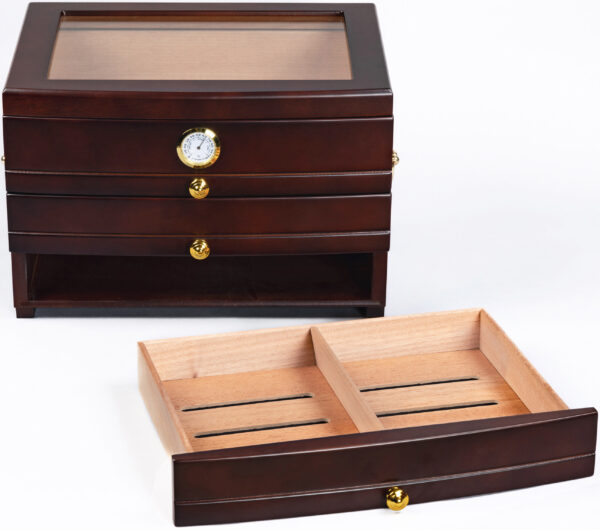 The Regent 75 Ct. Dark Mahogany Glass Top Humidor w/ 3 Drawers