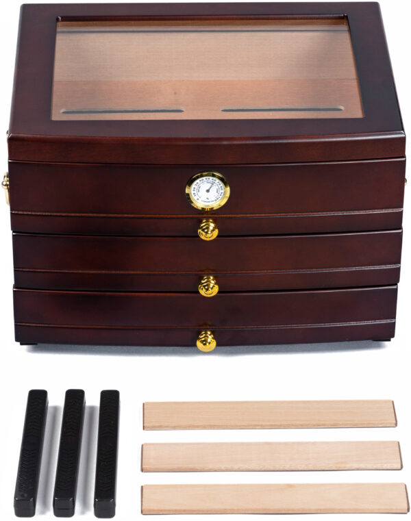 The Regent 75 Ct. Dark Mahogany Glass Top Humidor w/ 3 Drawers