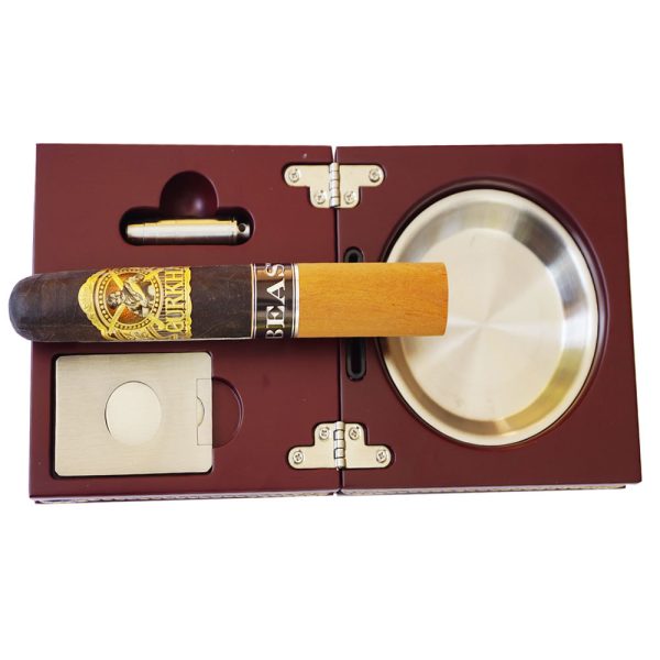 The Compact Folding Ashtray Gift Set Walnut finish with Cigar Cutter and Punch