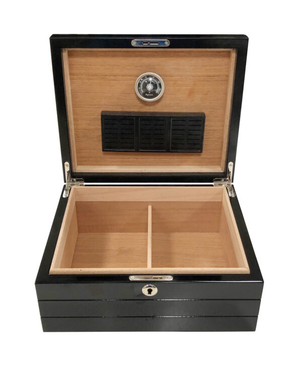 Onyx 50 Count High Gloss Black Cigar Humidor with polished metal details