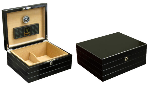 Onyx 50 Count High Gloss Black Cigar Humidor with polished metal details